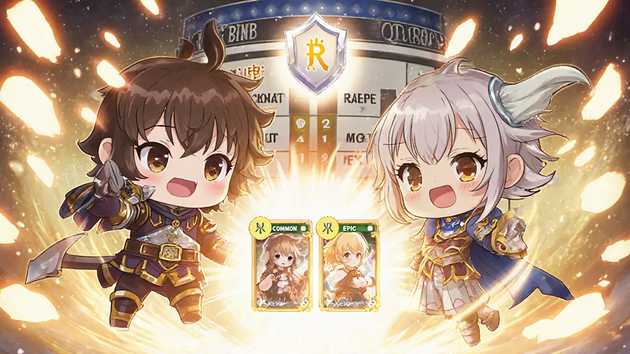 Chibi hero summoning a new NFT companion with rarity stats floating around, safe marketplace in background.