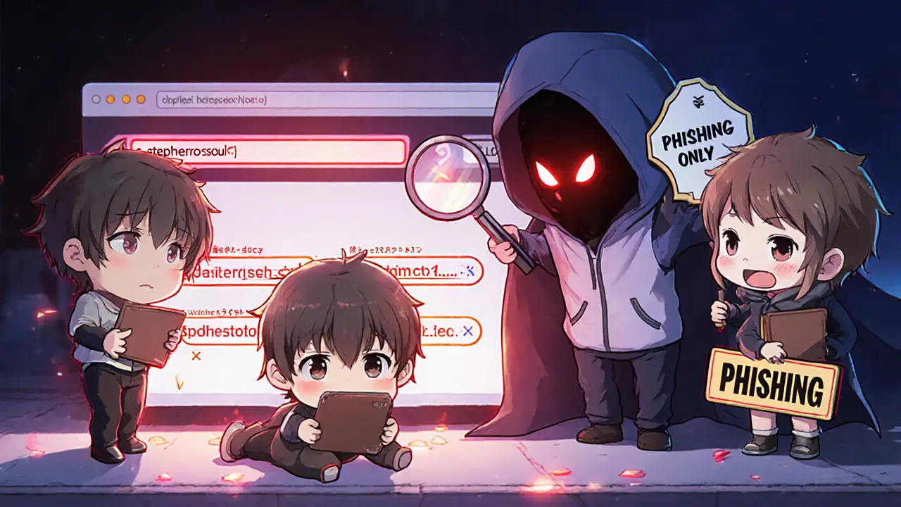 Cute players interacting with a fake airdrop site while a hero warns them to use the official site.