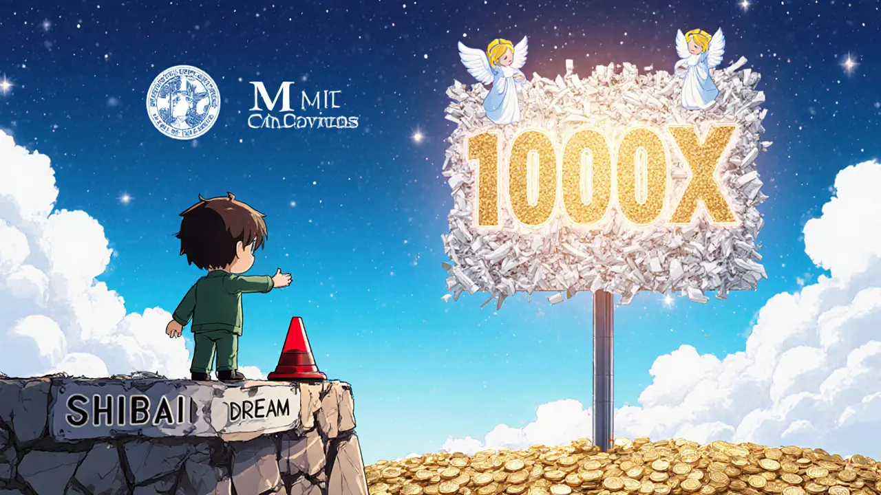 A lonely investor reaching for a fake &#039;1000X&#039; moon above a pit of worthless coins.