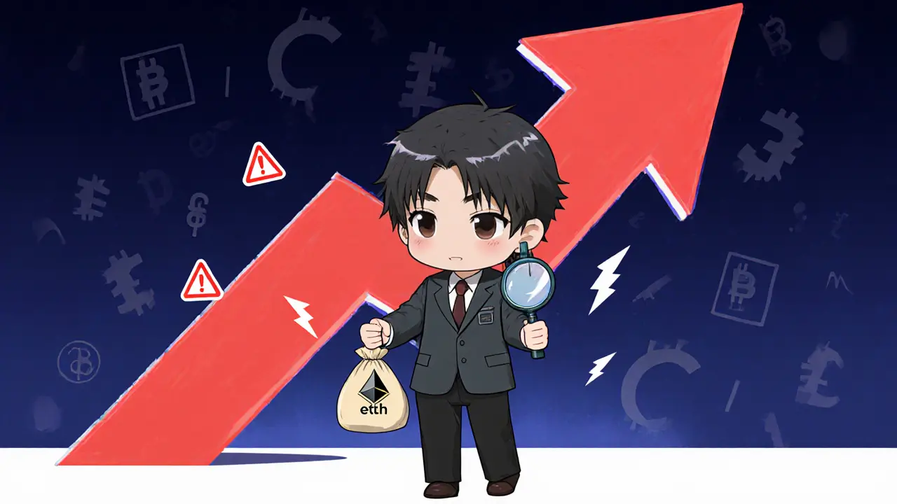 Cautious chibi investor examining a huge price‑impact arrow with warning symbols.