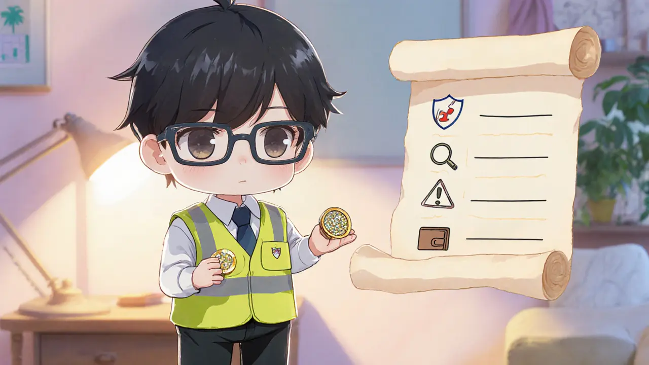 Cautious chibi trader reviewing a checklist while holding a small shimmering coin.