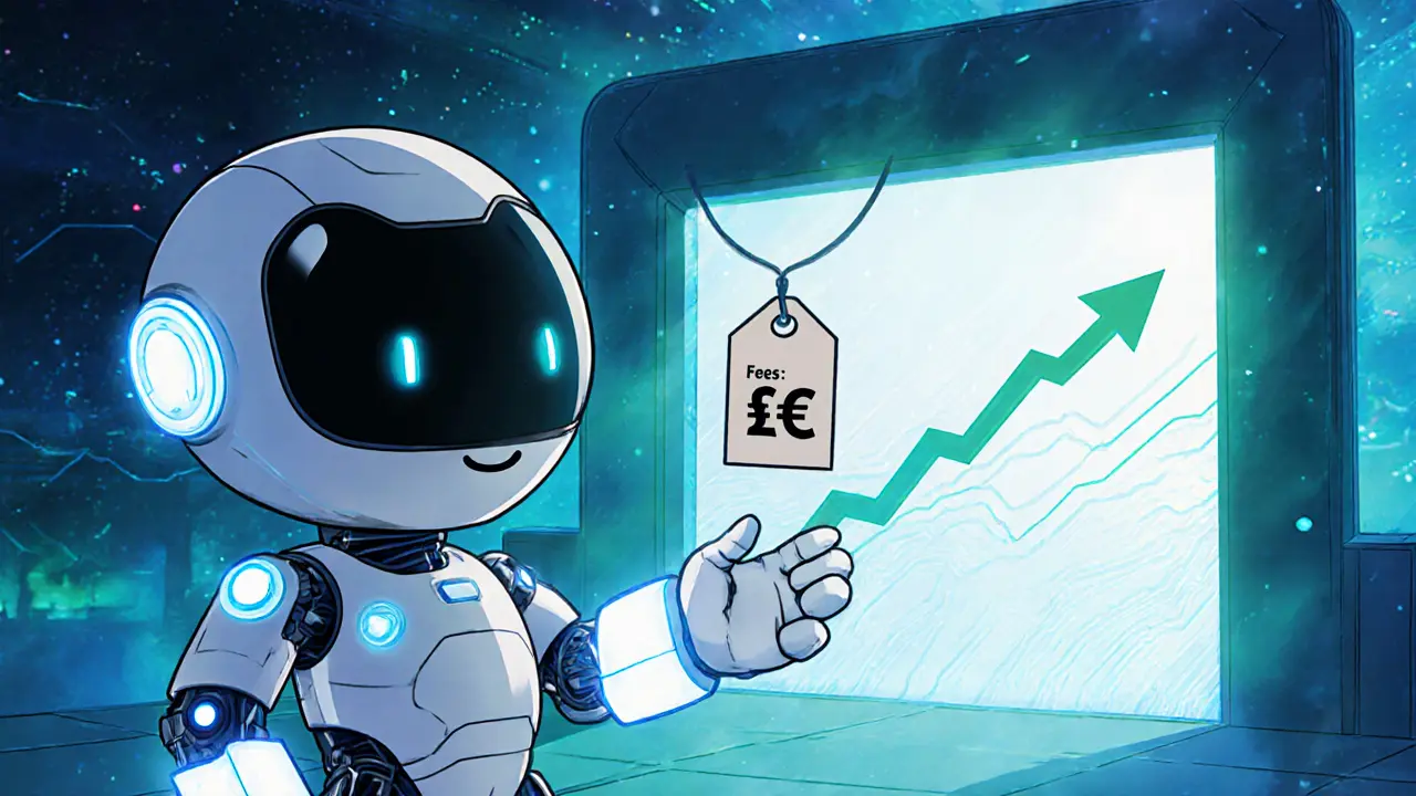 Chibi AI robot presenting a tiny gas fee tag in a futuristic setting.