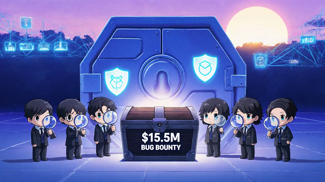 Chibi auditors gather by a vault with a bug bounty chest, over Blast network.