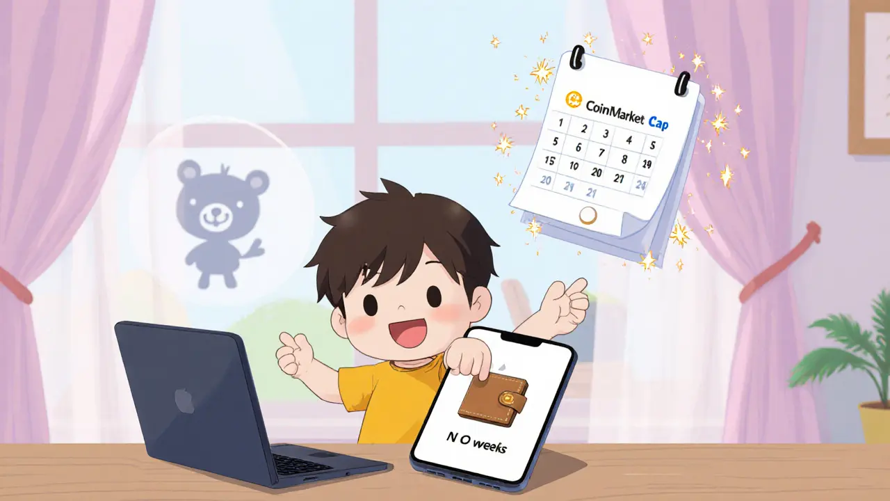 Chibi avatar clicking an airdrop banner on laptop and phone, calendar shows two weeks.