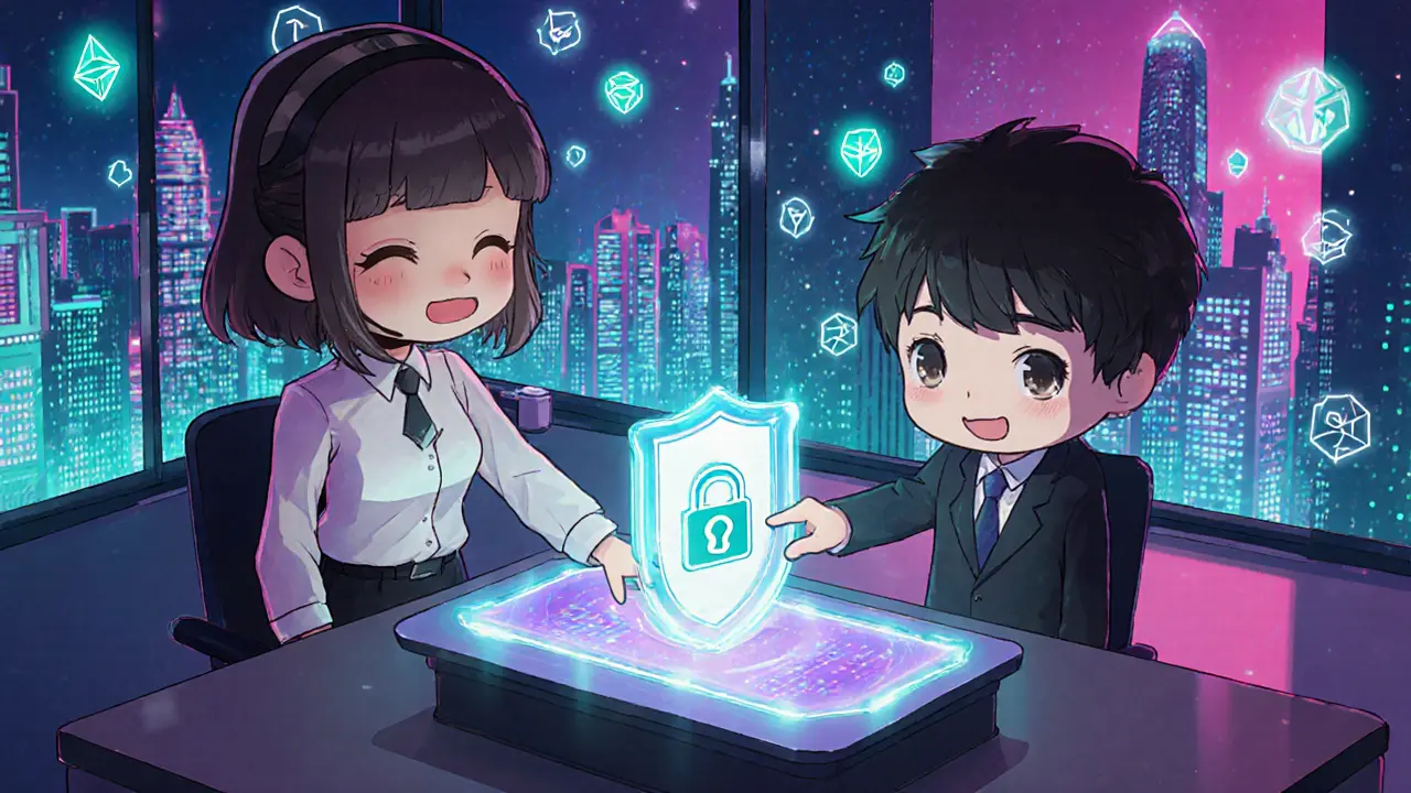Chibi banker and user interacting with a holographic identity NFT badge in a neon‑lit futuristic office.