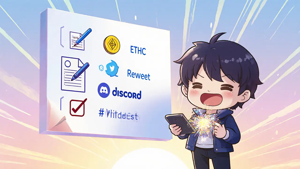 Chibi character checking eligibility checklist with ETH, KYC form, retweet, and whitelist icons.
