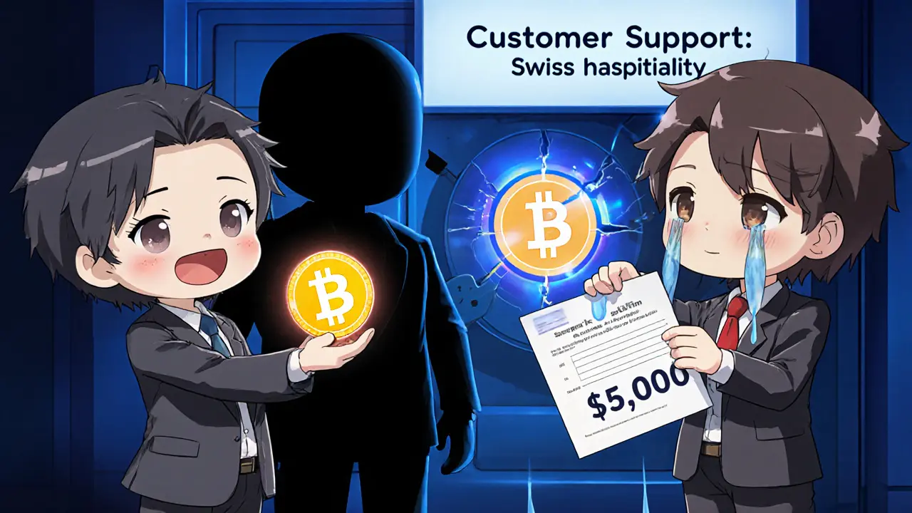 Chibi character giving Bitcoin to a faceless figure while a withdrawal is locked, manga style.