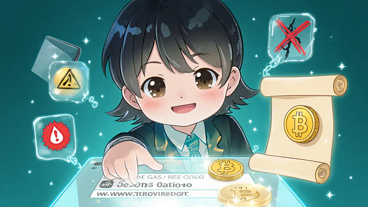 Chibi character safely claiming NFTP tokens, highlighting gas fees and scam warnings.