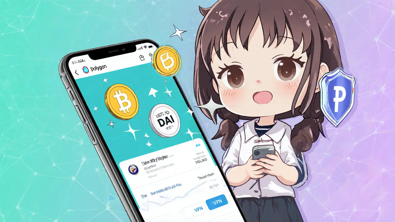 Chibi character swapping USDT for DAI on Polygon via smartphone.