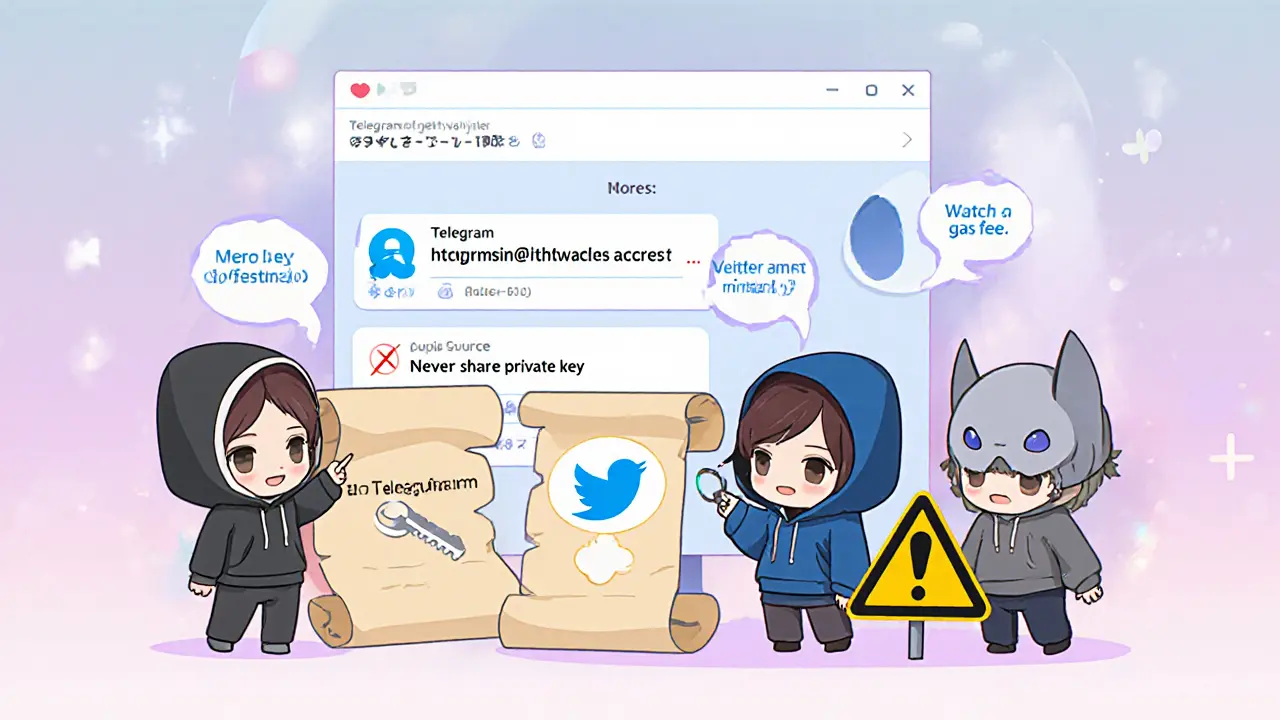 Chibi characters checking a wallet address in a chat window with caution symbols.