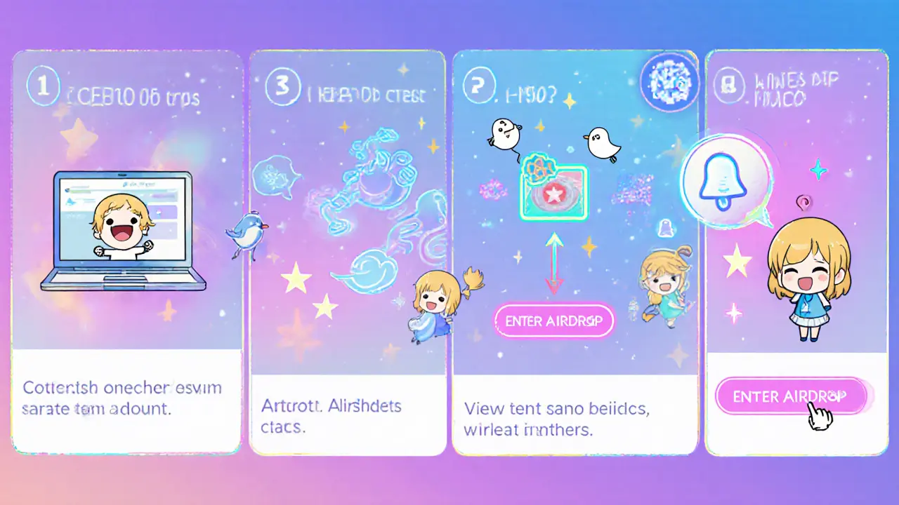 Chibi characters illustrate the step-by-step process to join the EQ airdrop.