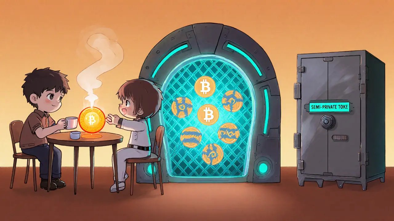 Chibi characters use a café trade, a DEX portal, and a semi‑private token vault.