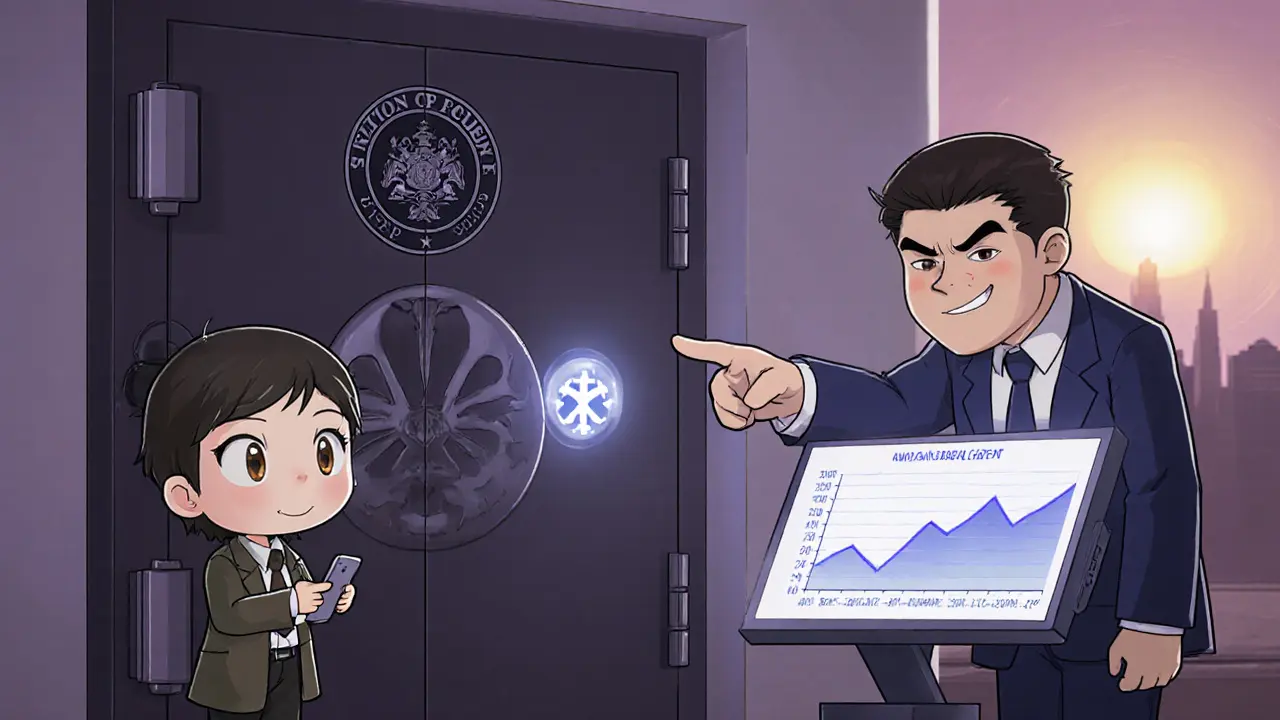 Chibi customer faces a bank officer as an account is frozen, with SAR chart behind.