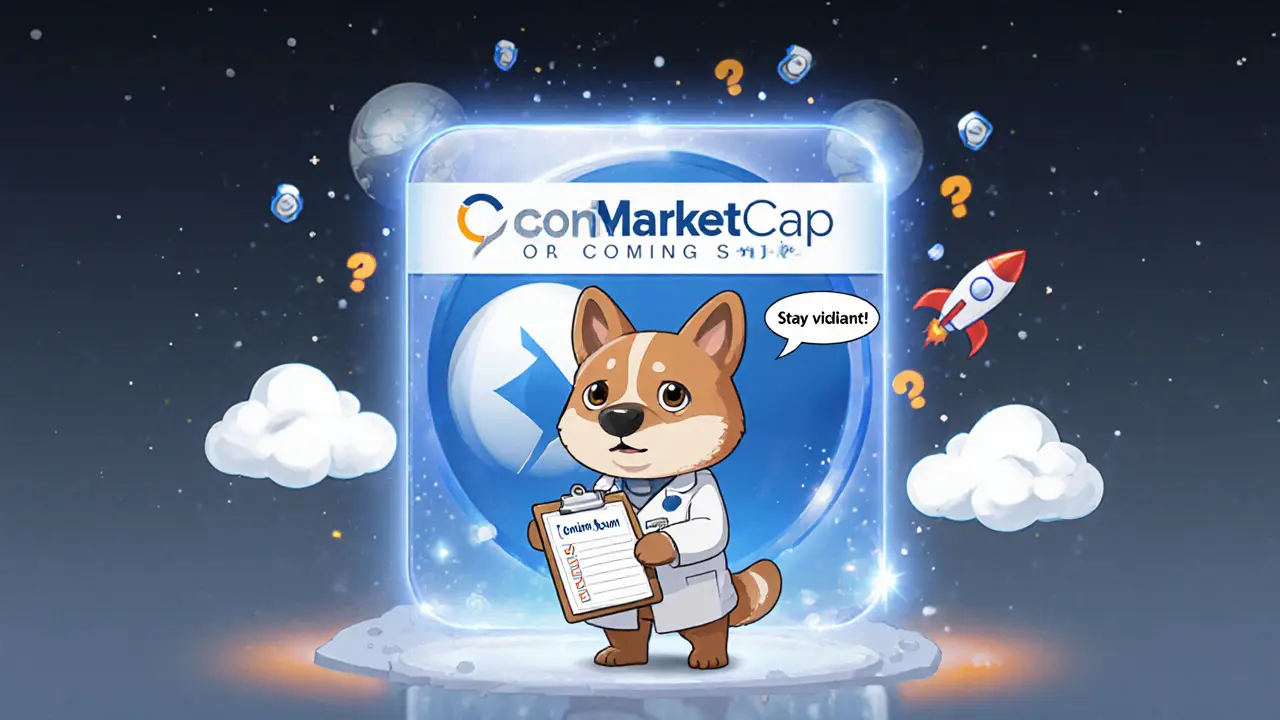 Chibi dog in a lab coat near a holographic CoinMarketCap logo, showing a future airdrop.
