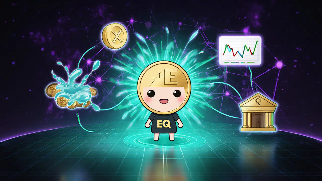 Chibi EQ token surrounded by xDOT, money market, and DEX icons showing the ecosystem.