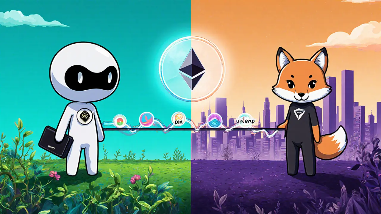 Chibi figures with Phantom and MetaMask wallets on Solana and Ethereum sides, linked by a URANUS token bridge.