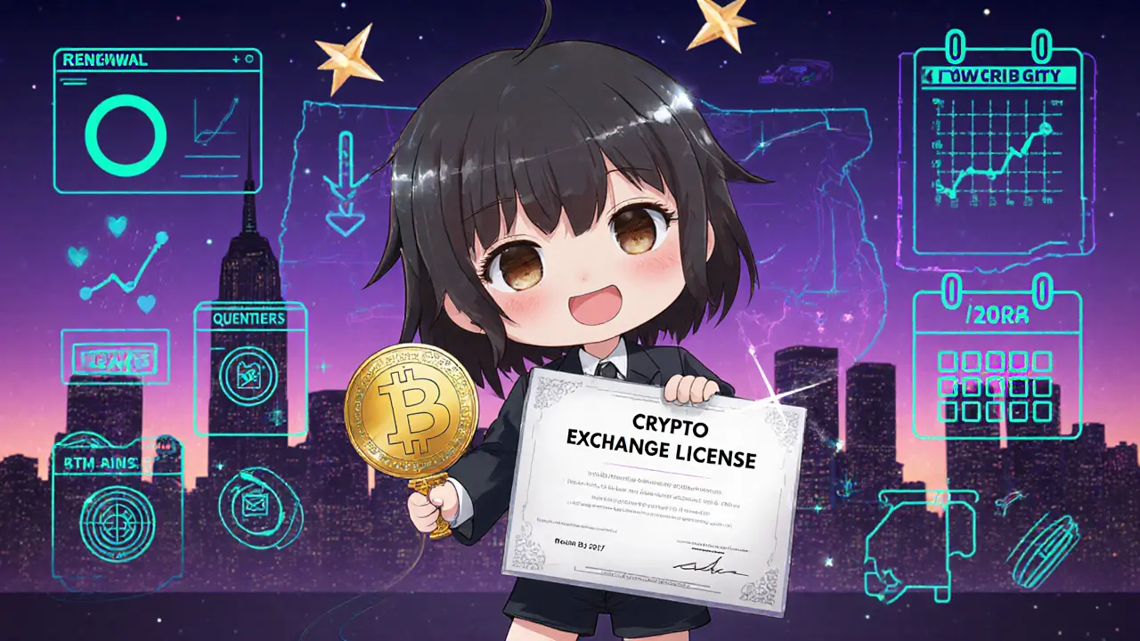 Chibi holder of a crypto exchange license badge beside a compliance dashboard.