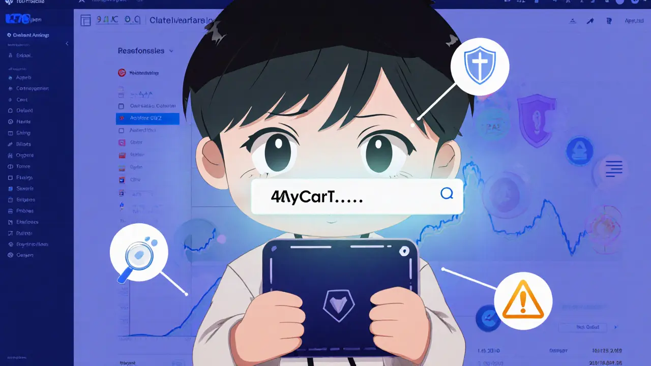 Chibi investor holding a Phantom wallet, holographic contract address displayed, with checklist icons nearby.