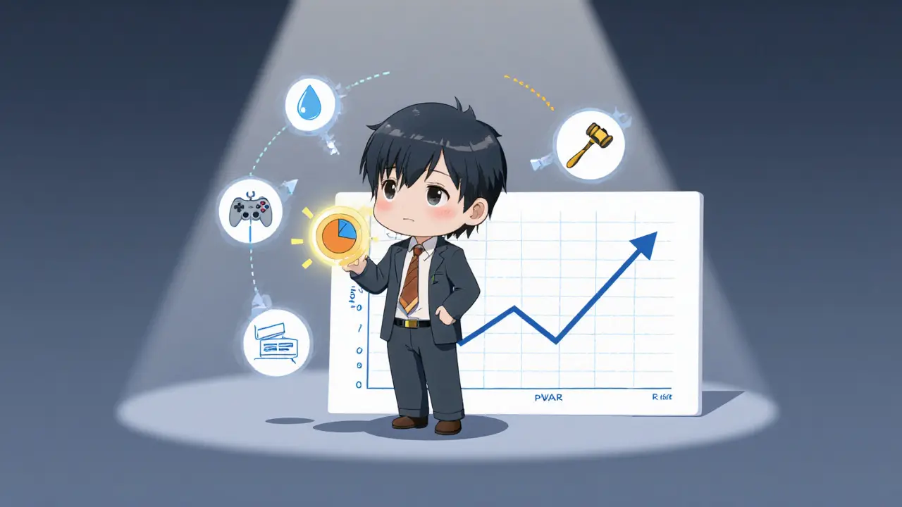 Chibi investor looking at a falling line chart with floating risk icons.