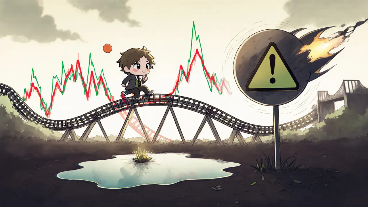 Chibi investor riding a volatile price chart roller coaster with warning signs and a bridge silhouette.