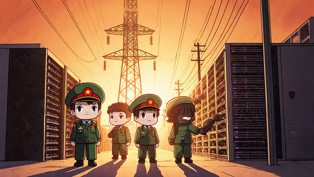 Chibi IRGC soldiers overseeing Bitcoin mining farm with Chinese engineers
