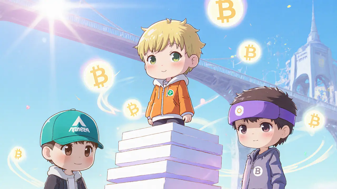 Chibi mascots of Arbitrum, Optimism, and Base standing on a rollup tower.