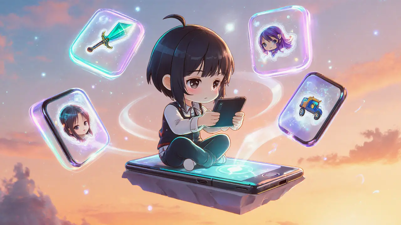 Chibi player on a floating platform using a phone with AI companions and portable game assets.