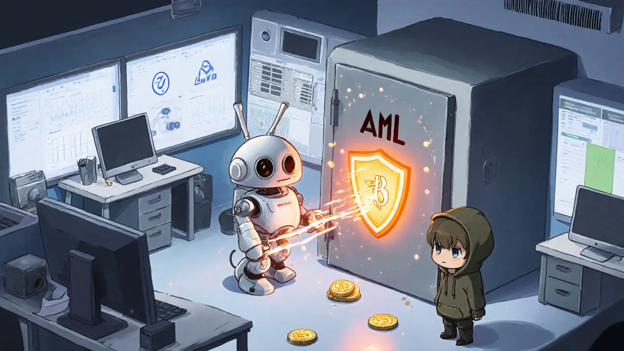 Chibi security robot flags privacy‑coin orbs while a vault door shuts them away.