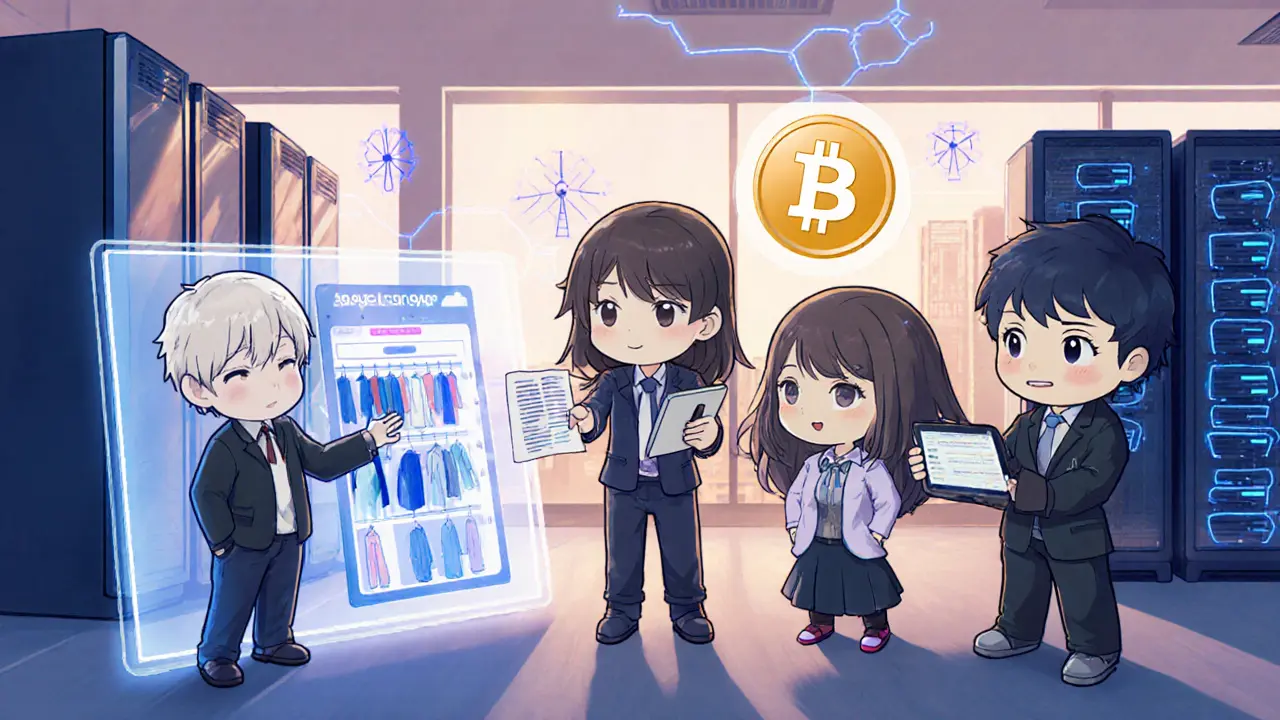 Chibi startup team plans a metaverse launch with AR store, NFT ledger, AI avatar, edge servers, and 5G icons.