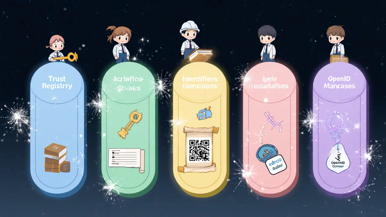 Chibi storyboard of five pastel panels representing trust registry, keys, identifiers, credentials, and protocols.