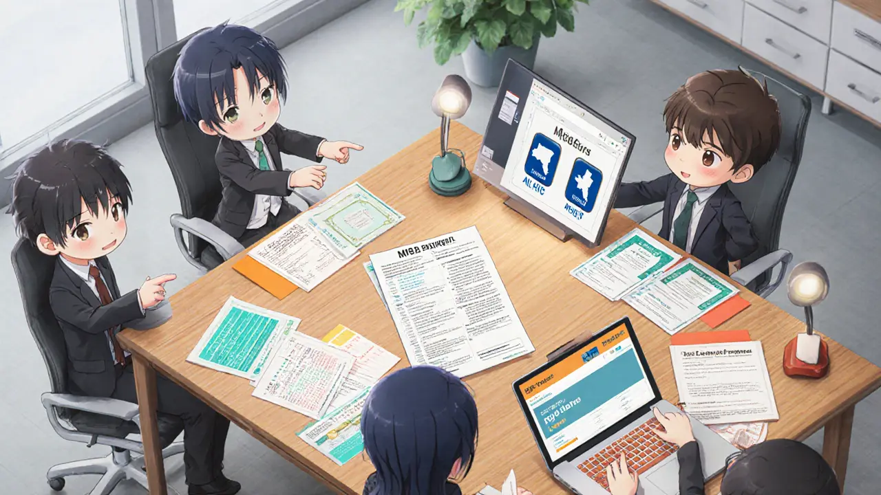 Chibi team reviewing FinCEN forms, business plan, and AML documents at a desk.