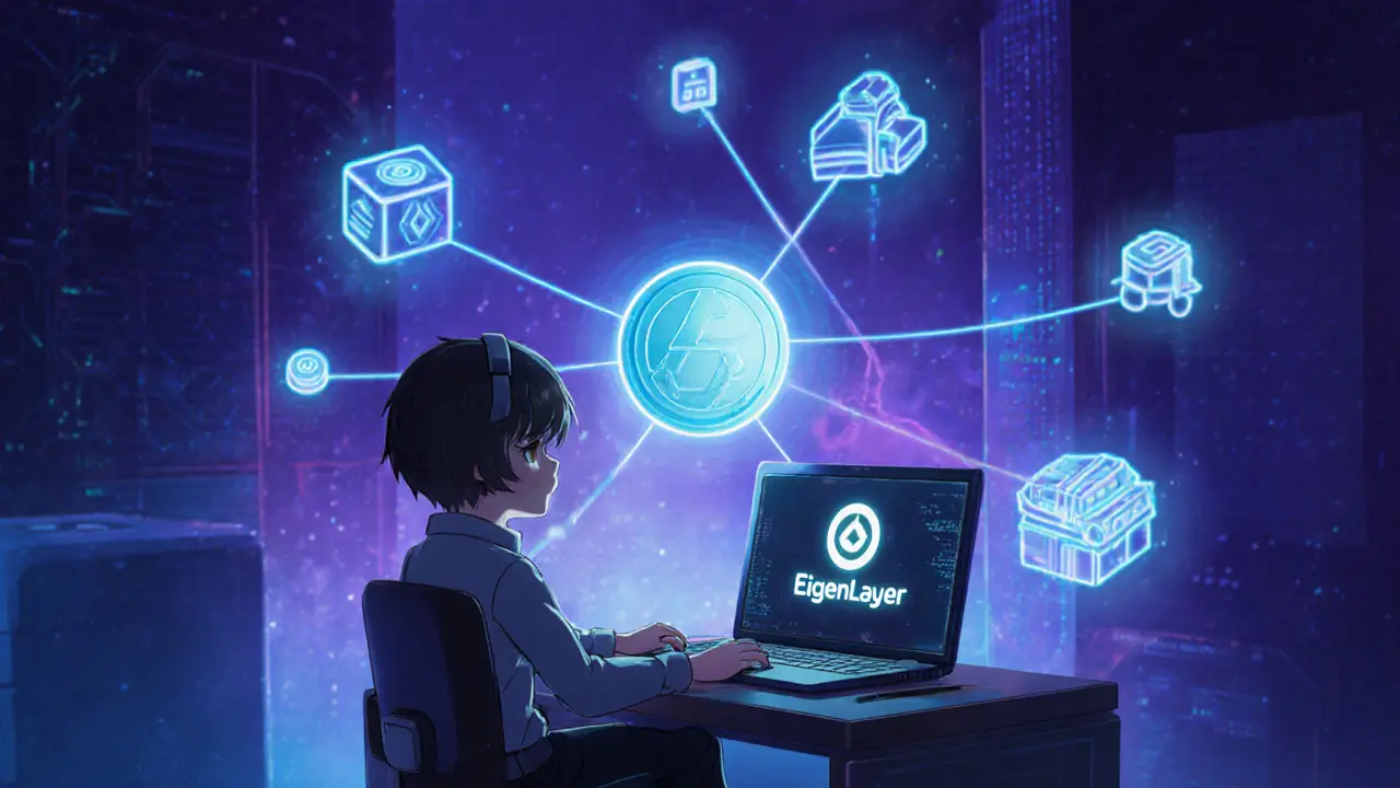 Chibi tech character at a desk linking a restaking token to protocol icons.