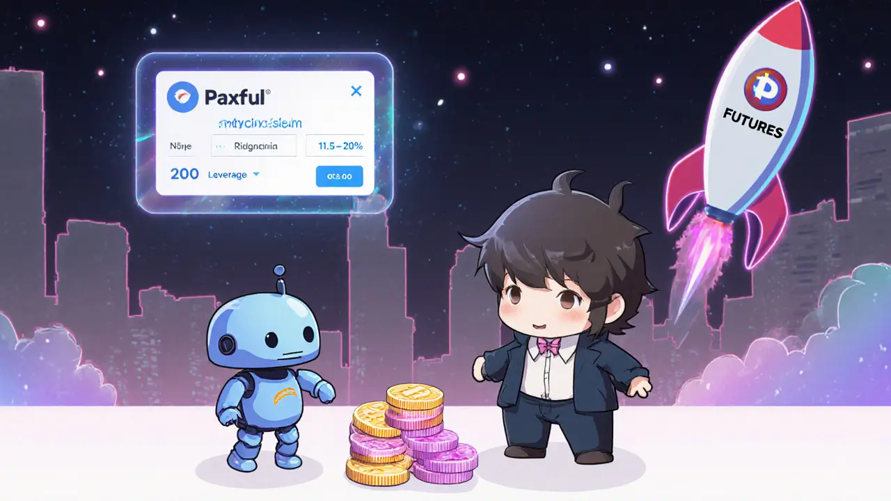Chibi trader exchanging rupiah with a Paxful robot, showing fee and 200x leverage.
