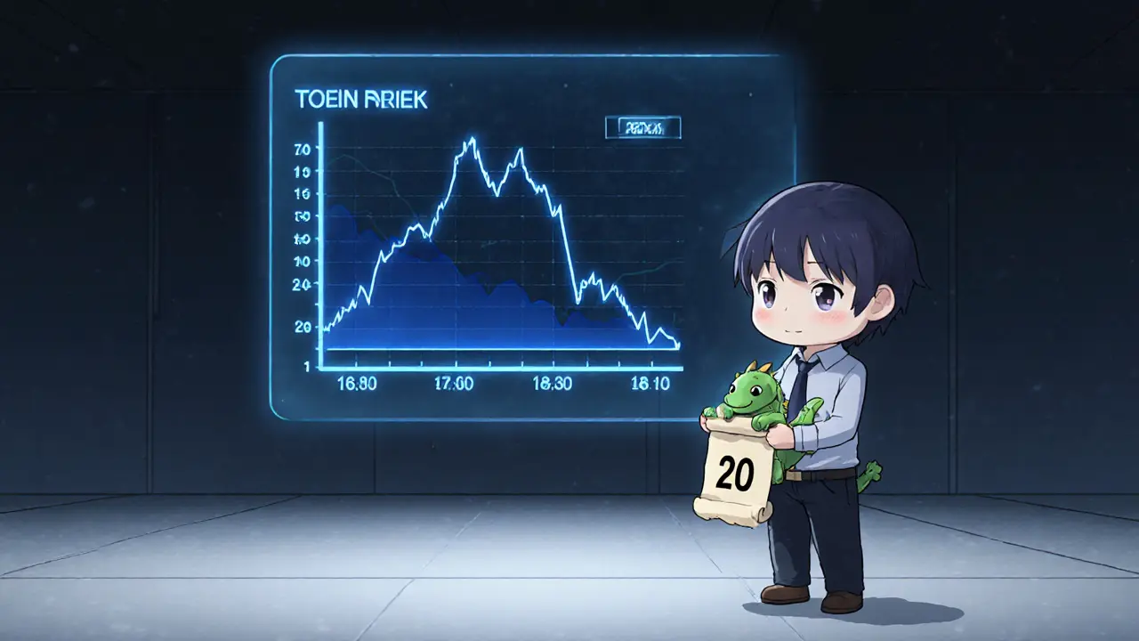 Chibi trader viewing a holographic TYRANT price chart, holding a dragon plush and contract scroll.