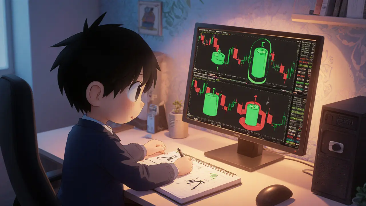 Chibi trader viewing bullish engulfing, harami, and belt‑hold candlesticks on screen.