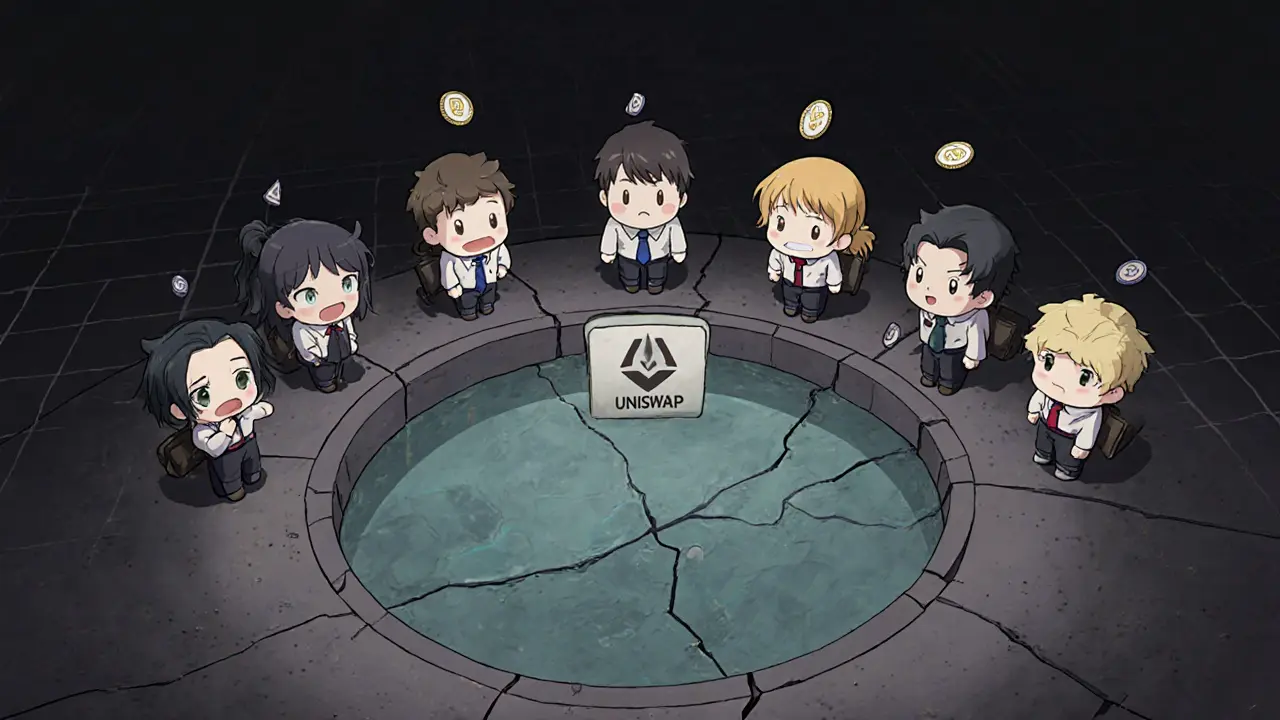 Chibi traders near an empty cracked liquidity pool with floating tokens.