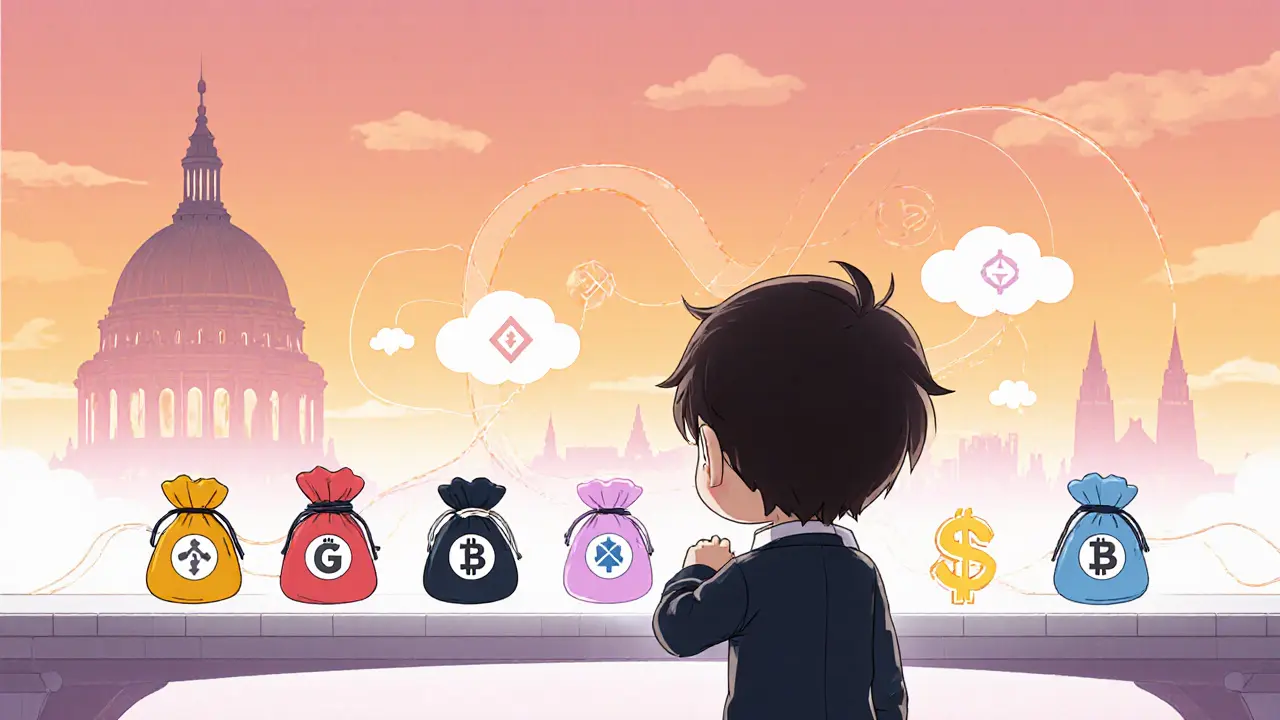 Chibi user managing multiple wallets and bridges with sunrise background.