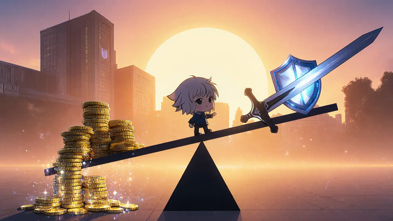 Chibi validator balancing reward coins and a slashing sword with a shield backdrop.