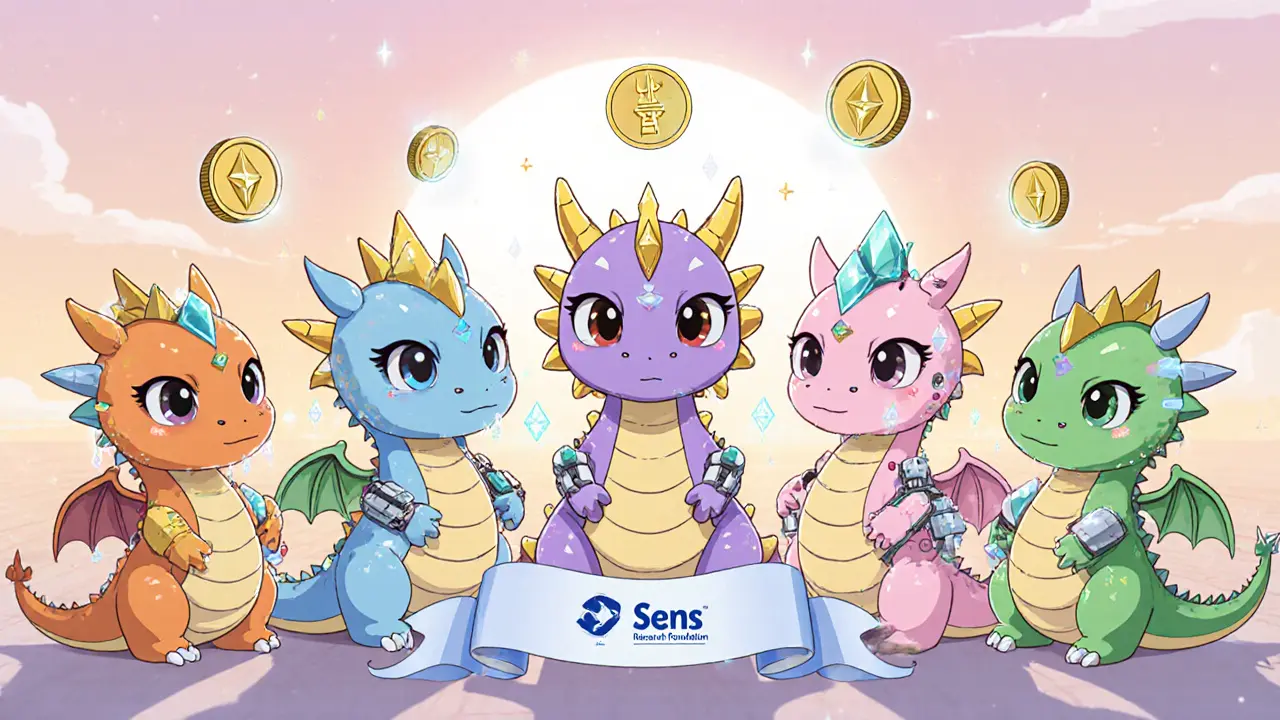 Five chibi dragon NFTs with unique traits, TYRANT tokens floating, charity ribbon in background.