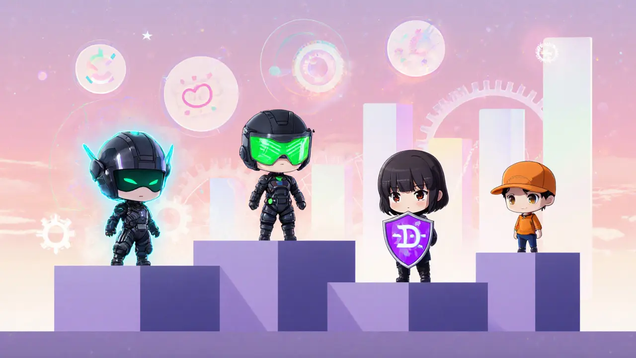 Four chibi characters representing different crypto platforms compare features with abstract charts.