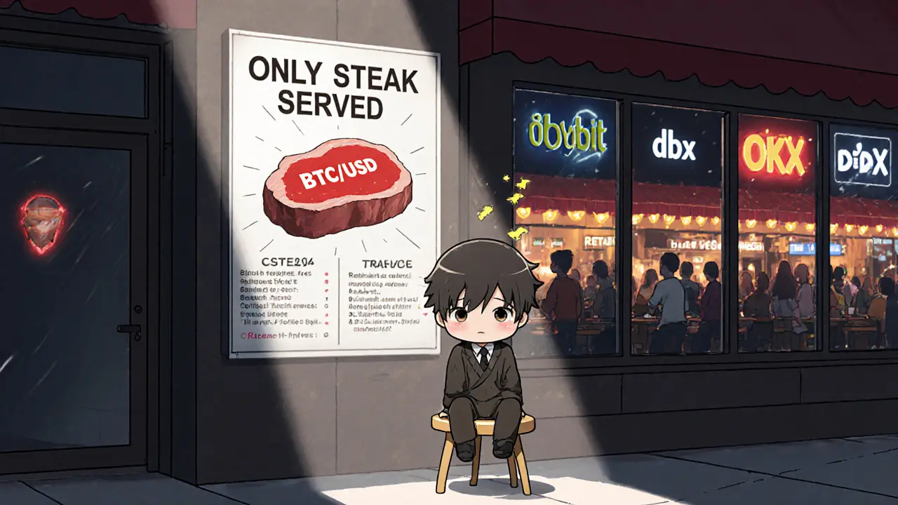 Lonely chibi trader at a restaurant serving only one dish, surrounded by empty alternatives.