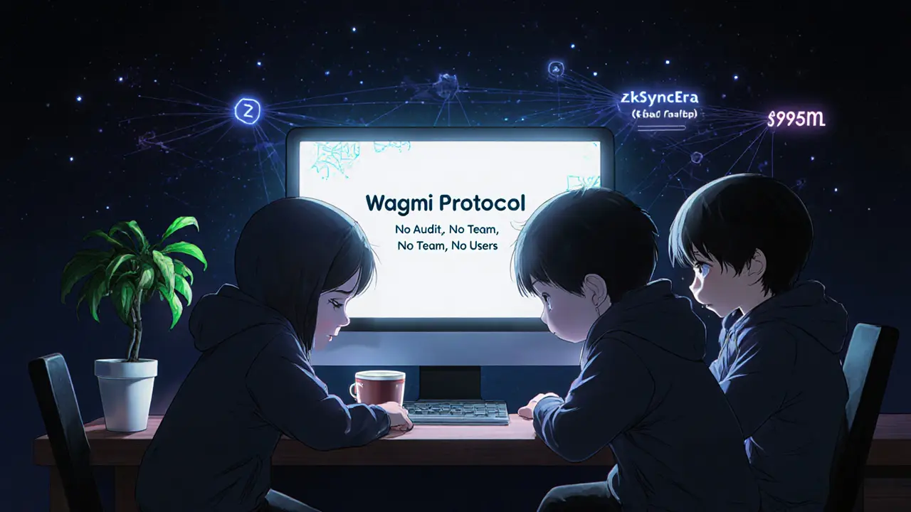 Mysterious chibi developers staring at a blank Wagmi protocol screen