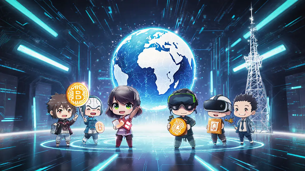 Seven cute tech mascots representing blockchain, AI, AR, VR, IoT, edge and 5G gather around a holographic globe.