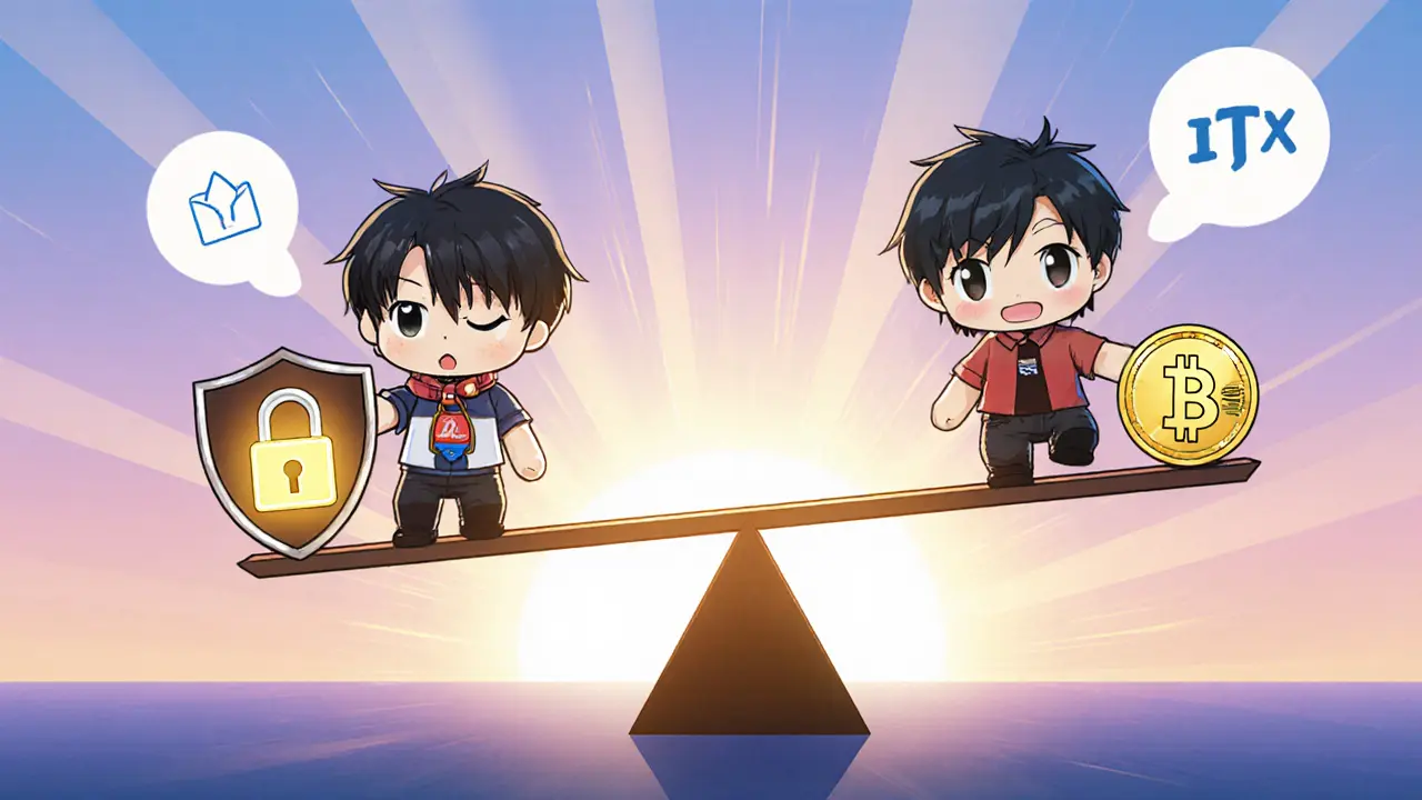 Three chibi characters on a balance scale comparing HTX, Indodax, and Tokocrypto.