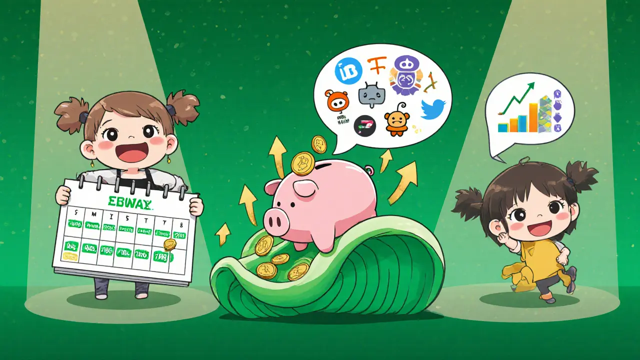 Three chibi characters showing DCA, trend‑riding, and sentiment‑filtered strategies.