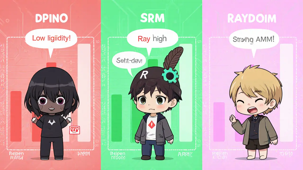 Three chibi token characters (DPINO, Serum, Raydium) with a bar graph and speech bubbles showing risk and strengths.
