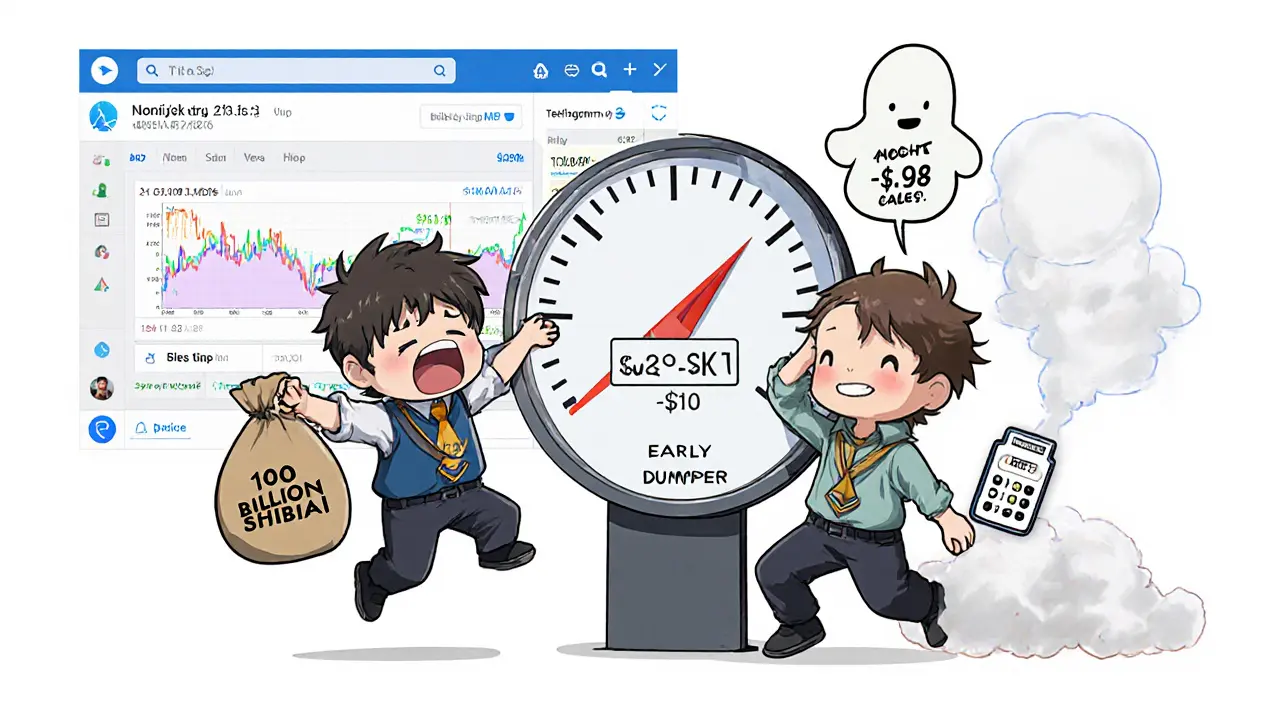 Two chibi traders reacting to a  gas fee that erases their SHIBAI profits.