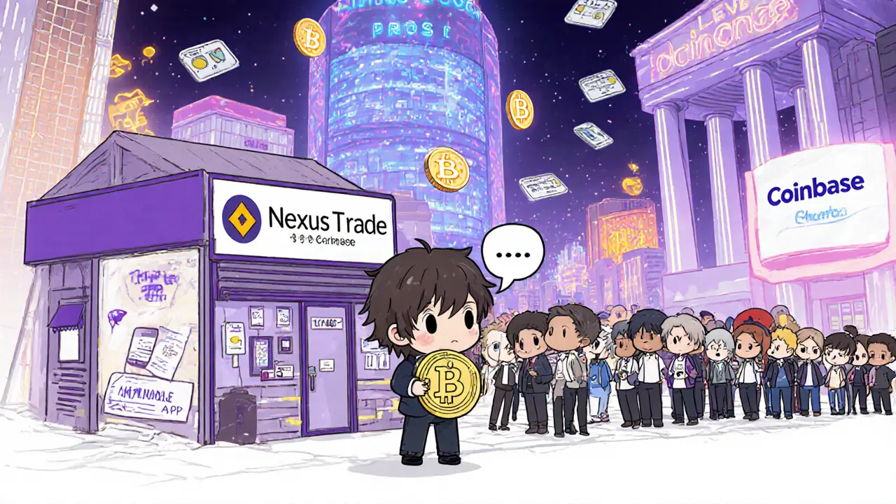 User standing alone outside Nexus Trade shop while bigger exchanges glow in background