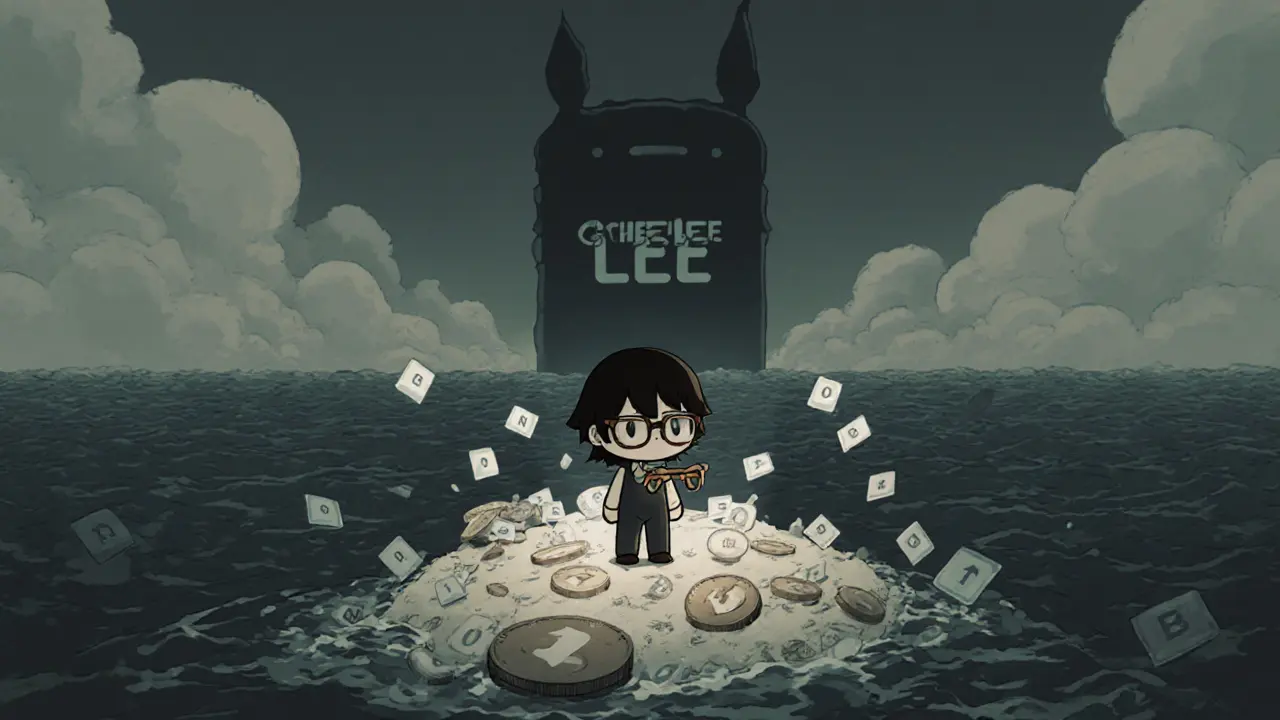 A lonely chibi figure on a token island, surrounded by empty social media feeds.