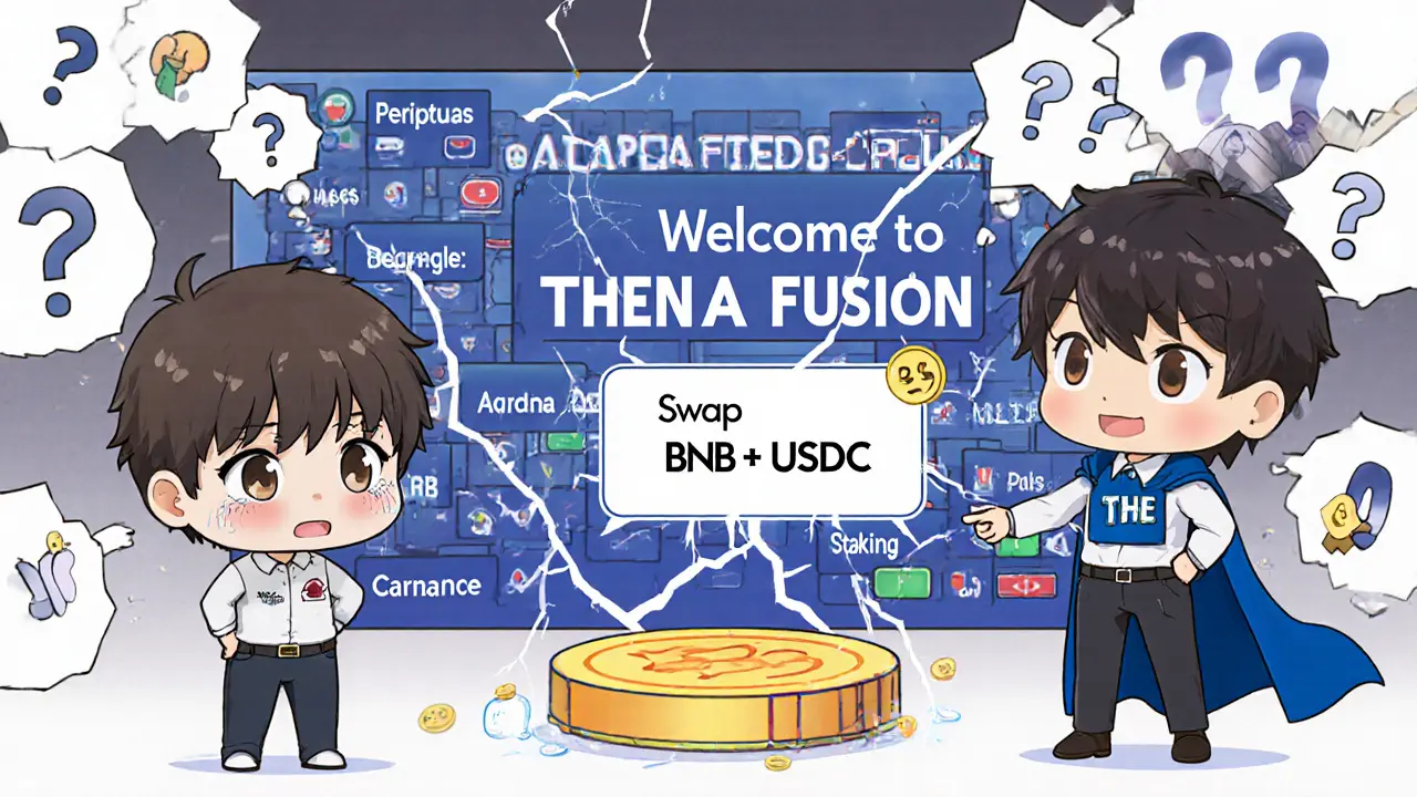 Beginner overwhelmed by complex tabs while expert points to a simple swap button.